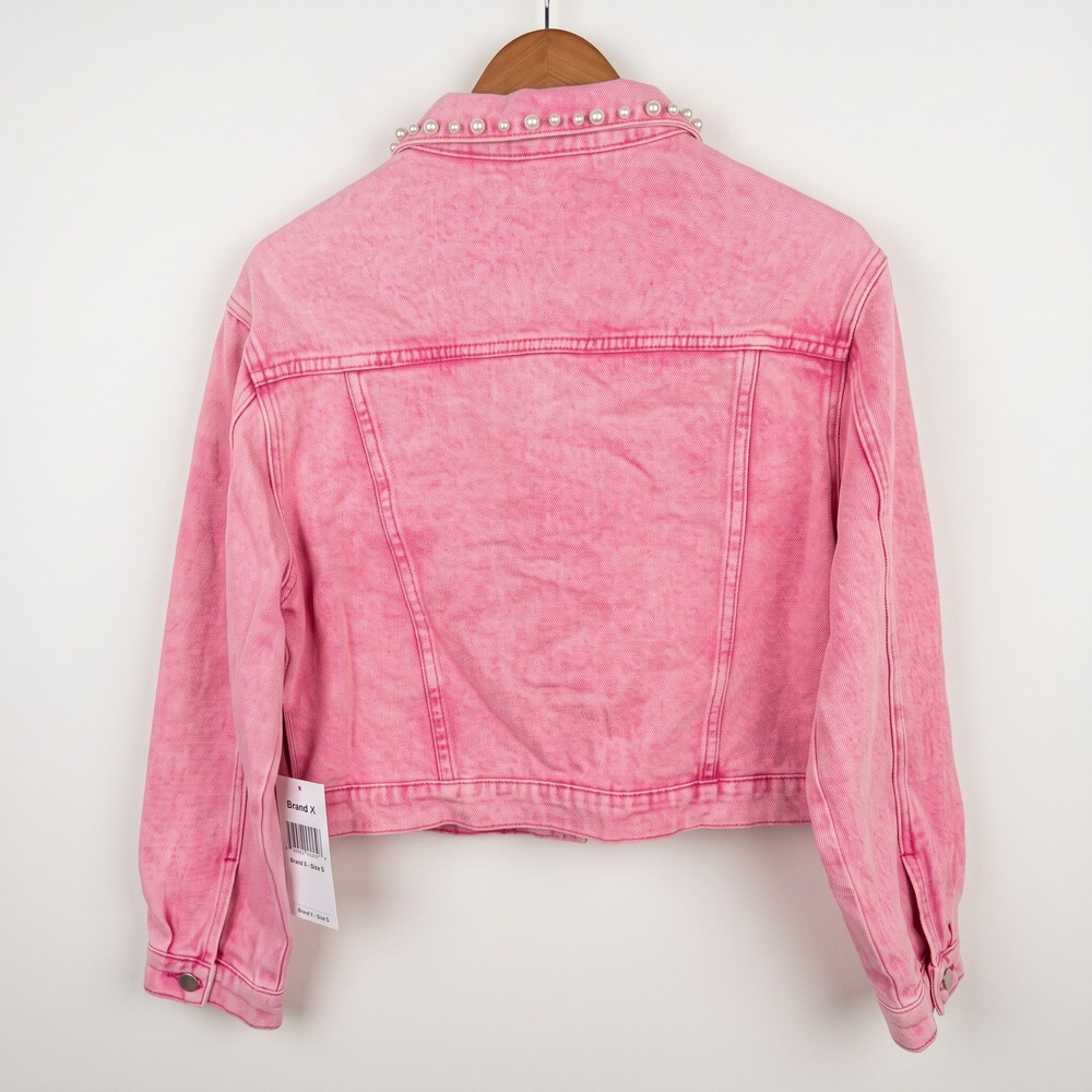 Savanna Jane Pink Acid Wash Pearl Embellished Denim Jacket Western Cropped Small - Picture 3 of 10